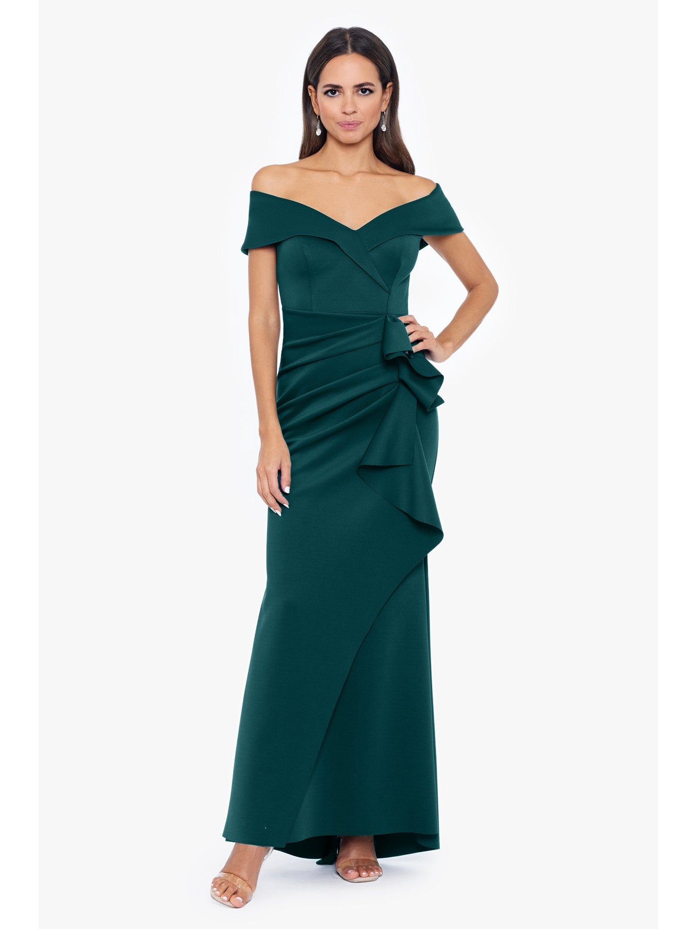 XSCAPE Womens Green Ruffled Zippered Draped Front Folded Top Lined Short Sleeve Off Shoulder Full-Length Formal Gown Dress 4