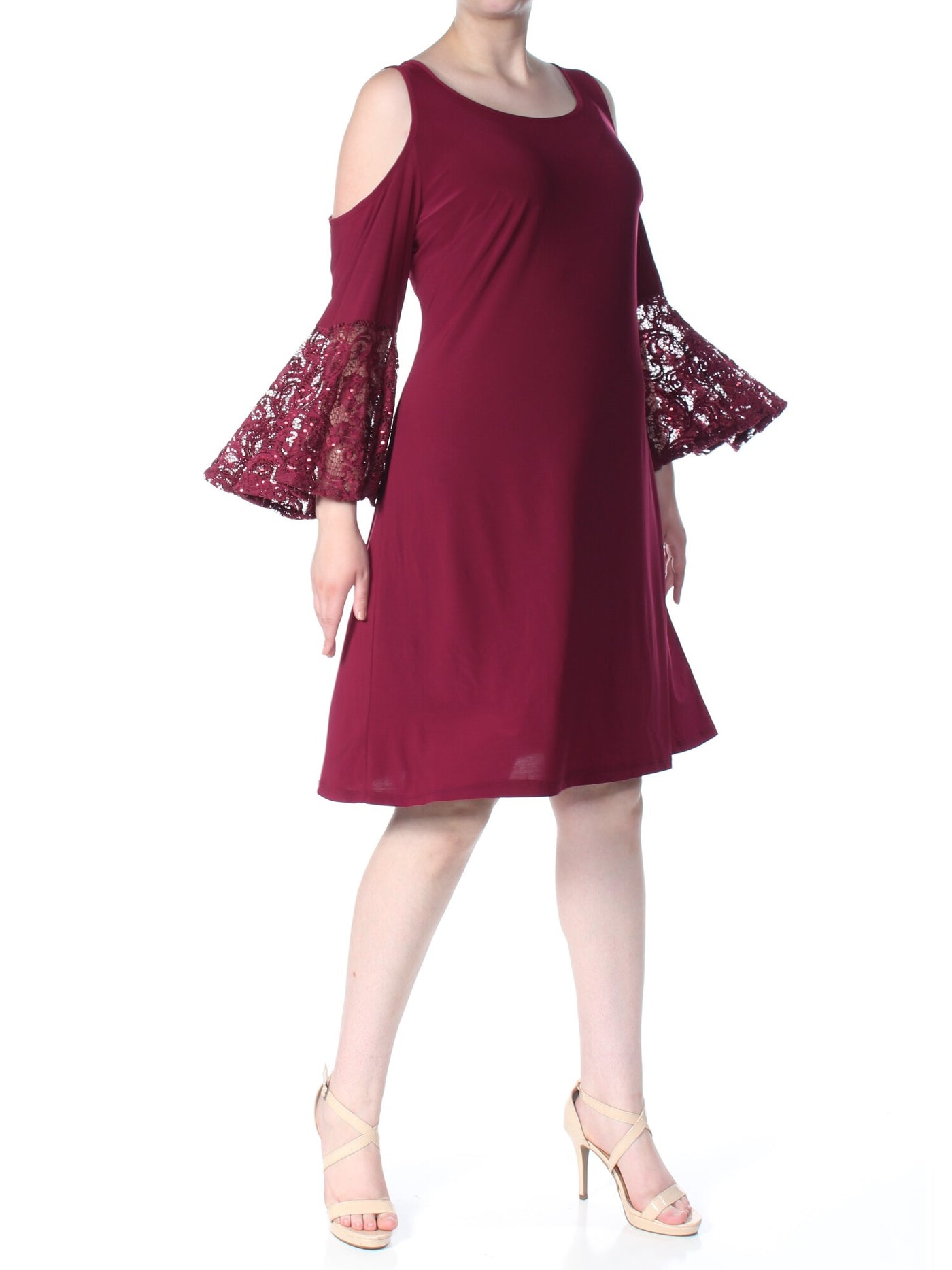 R&M RICHARDS Womens Burgundy Lace Bell Sleeve Scoop Neck Knee Length Fit + Flare Dress Plus 16W