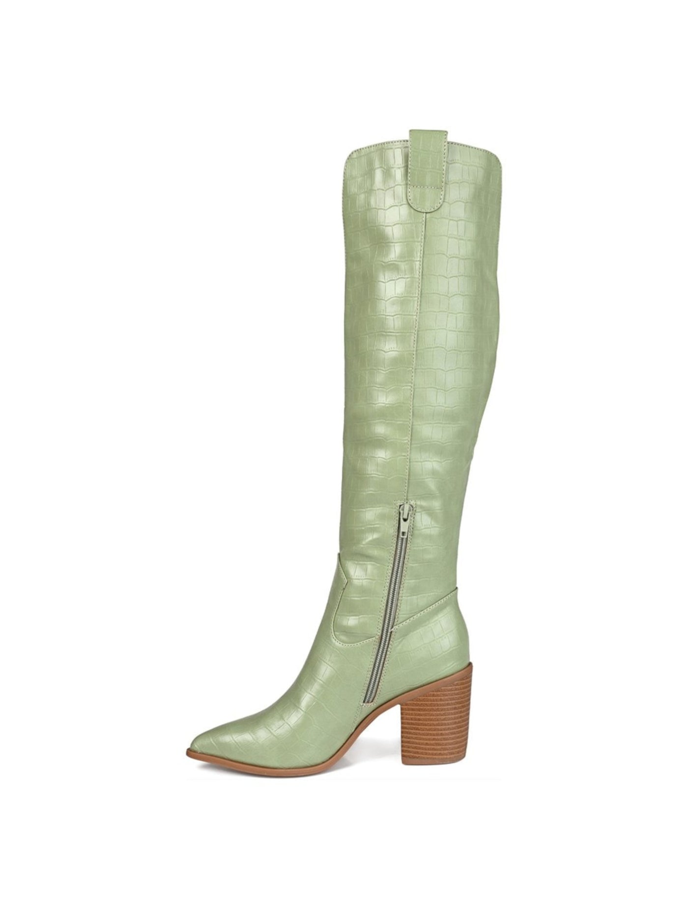 JOURNEE COLLECTION Womens Green Solid Croc Ankle Zip Dual Pull-Tabs Wide Calf Cushioned Cut Out Therese Pointed Toe Stacked Heel Dress Western Boot 10 WC