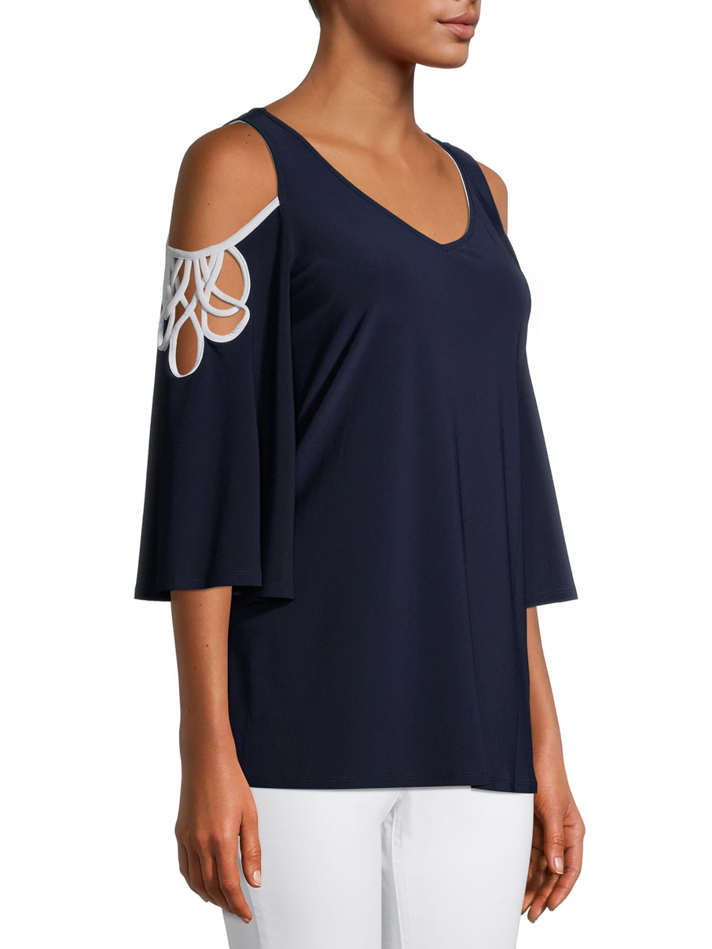 VINCE CAMUTO Womens Navy Cold Shoulder Cut Out 3/4 Sleeve V Neck Top L