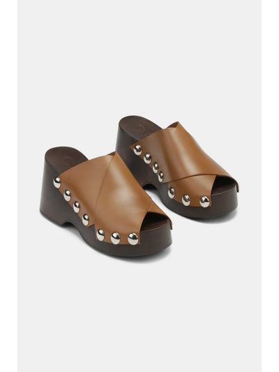 GANNI Womens Brown 1-1/2" Wood-Grain Platform Studded Round Toe Wedge Slip On Leather Slide Sandals Shoes 39