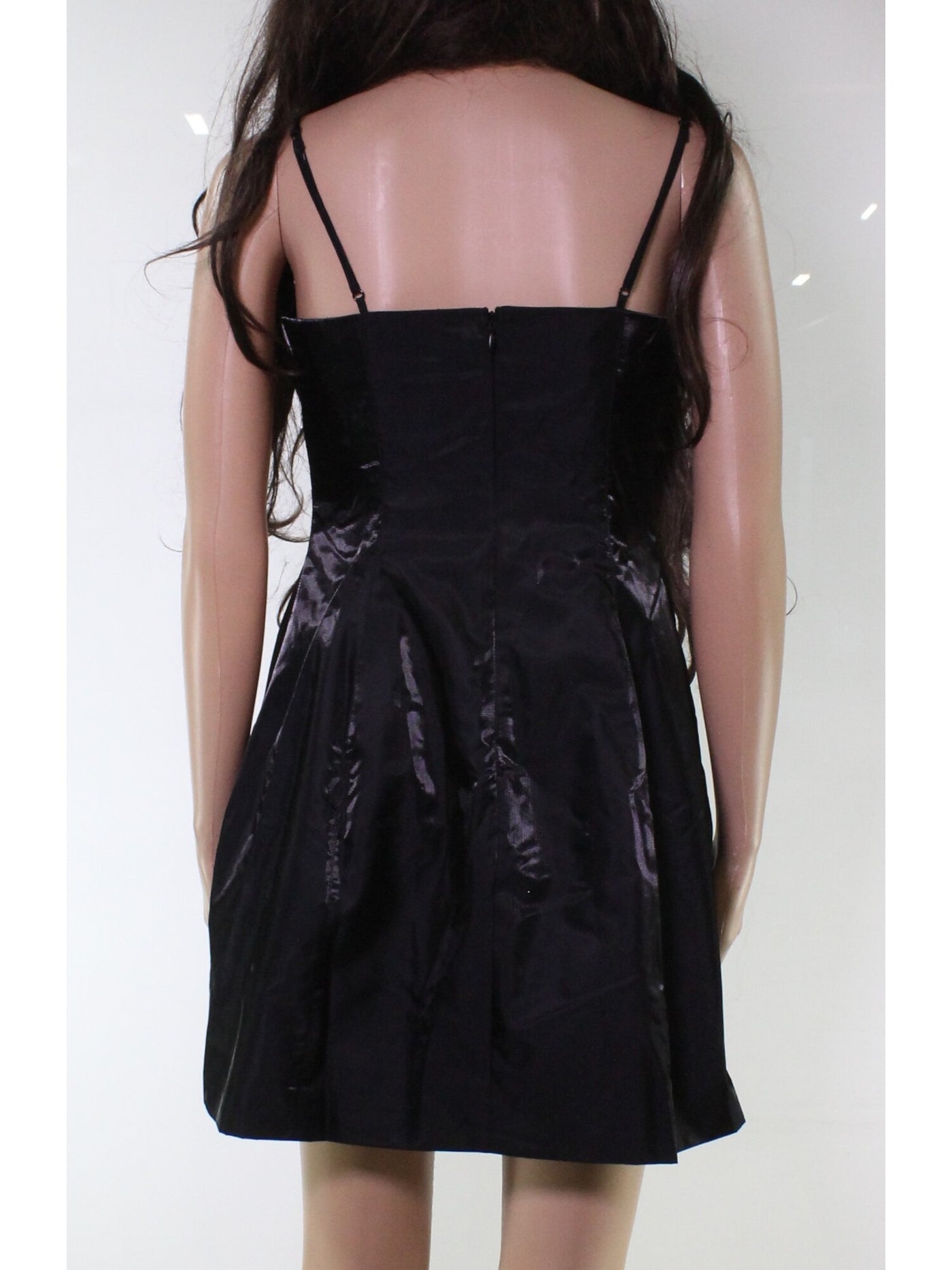 DANIELLE BERNSTEIN Womens Black Zippered Shiny Floral Spaghetti Strap Square Neck Micro Mini Fit + Flare Dress 14