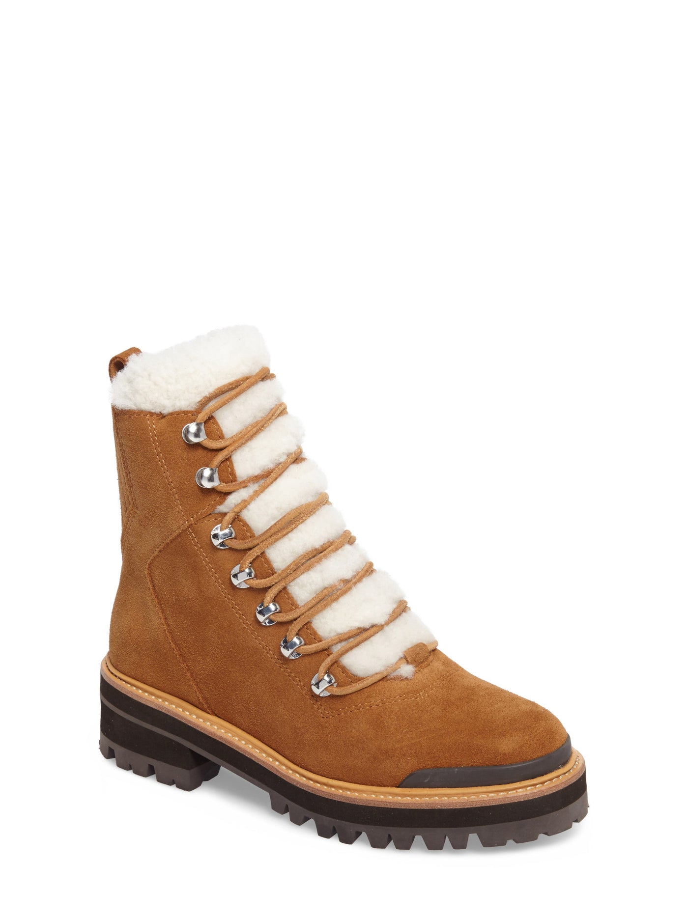 MARC FISHER LTD Womens Brown Shearling Heel Pull-Tab Goring Padded Izzie Round Toe Lace-Up Leather Winter Boots 7.5 M
