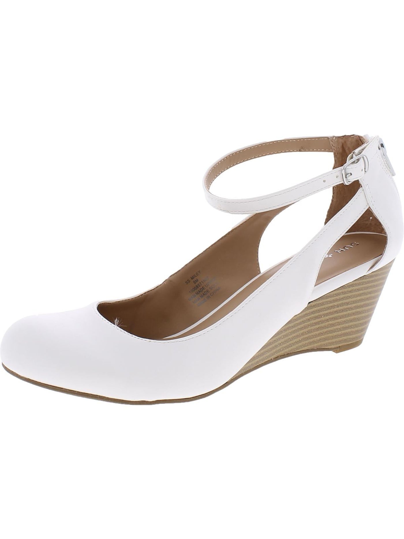 SUN STONE Womens White Heel Cutouts Ankle Strap Comfort Buckle Accent Miley Round Toe Wedge Zip-Up Dress Heels Shoes 5 M