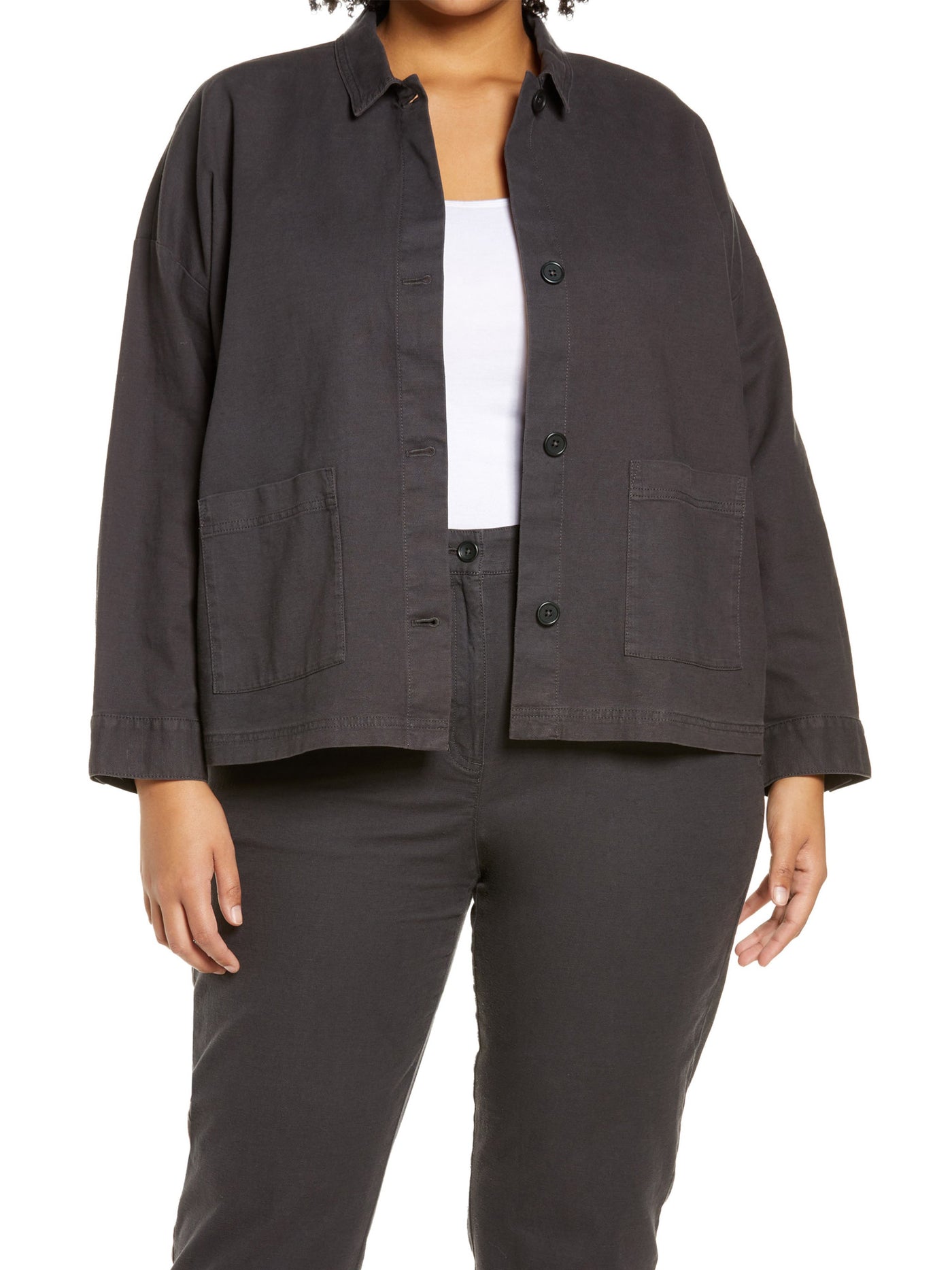 EILEEN FISHER Womens Gray Textured Pocketed Spread Collar Relaxed Fit Button Down Jacket Plus 3X