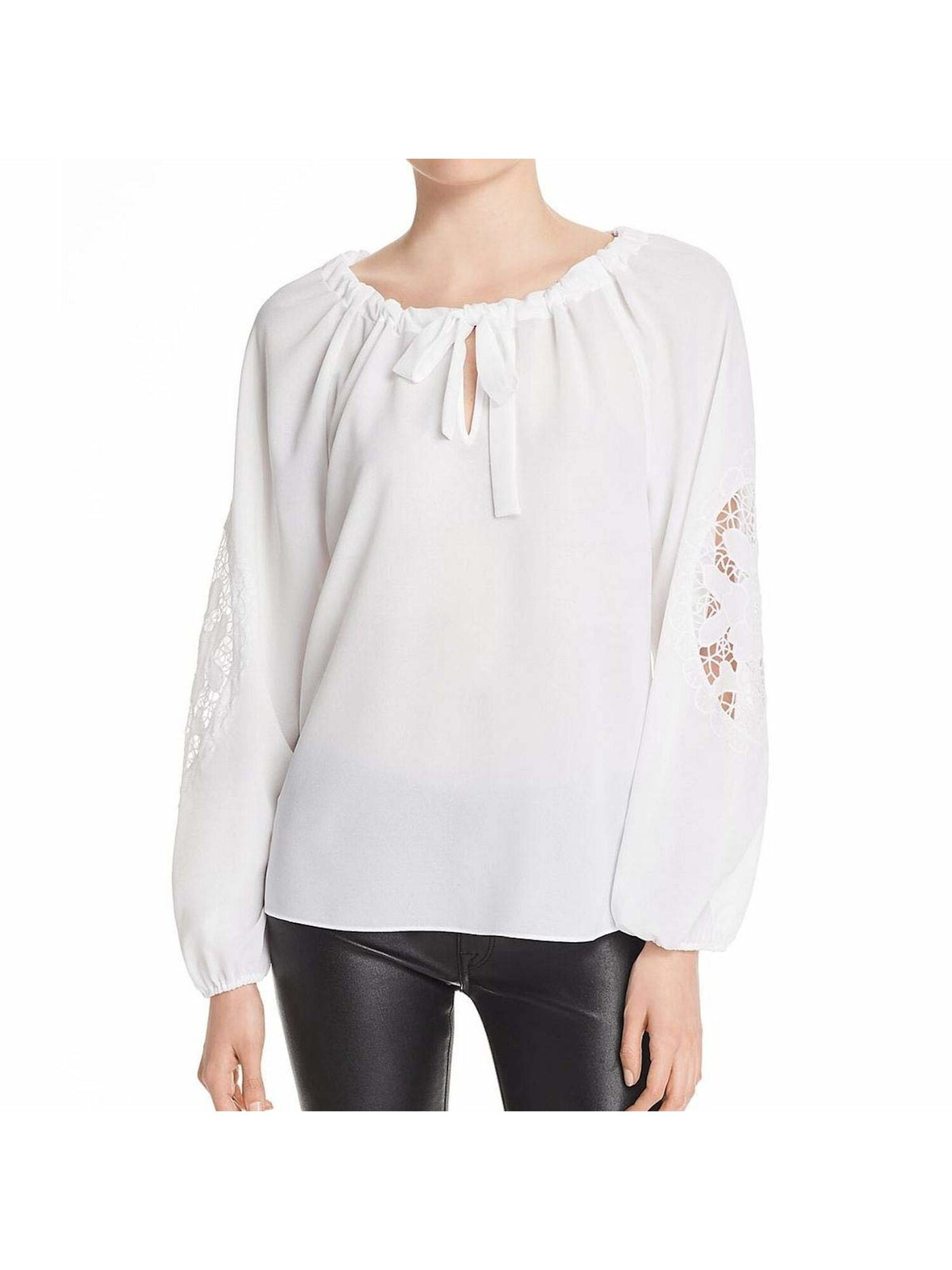 LE GALI Womens White Lace Long Sleeve Keyhole Top M