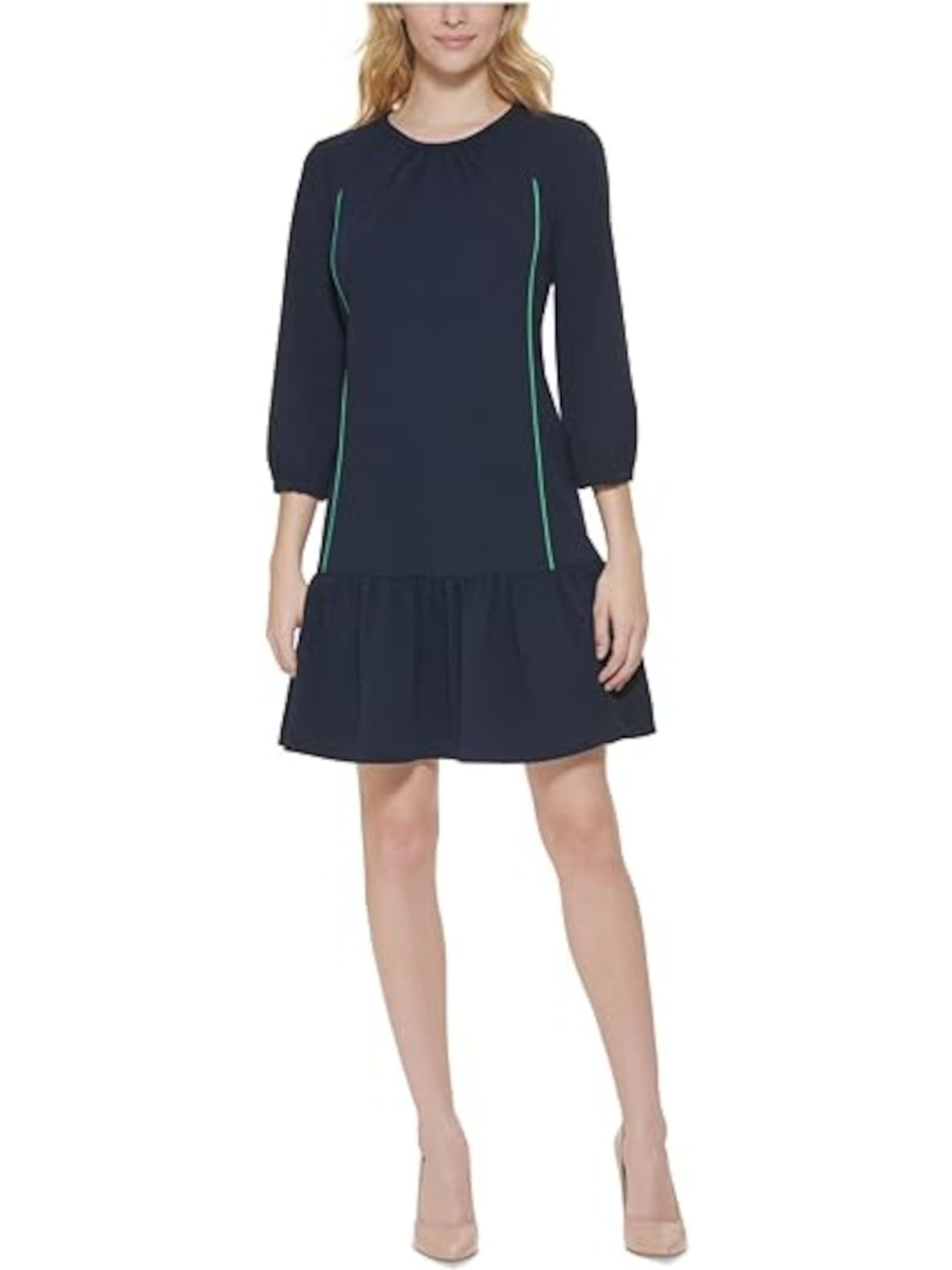 TOMMY HILFIGER Womens Navy Zippered Ruffled Unlined Gathered 3/4 Sleeve Round Neck Above The Knee Wear To Work Fit + Flare Dress 10