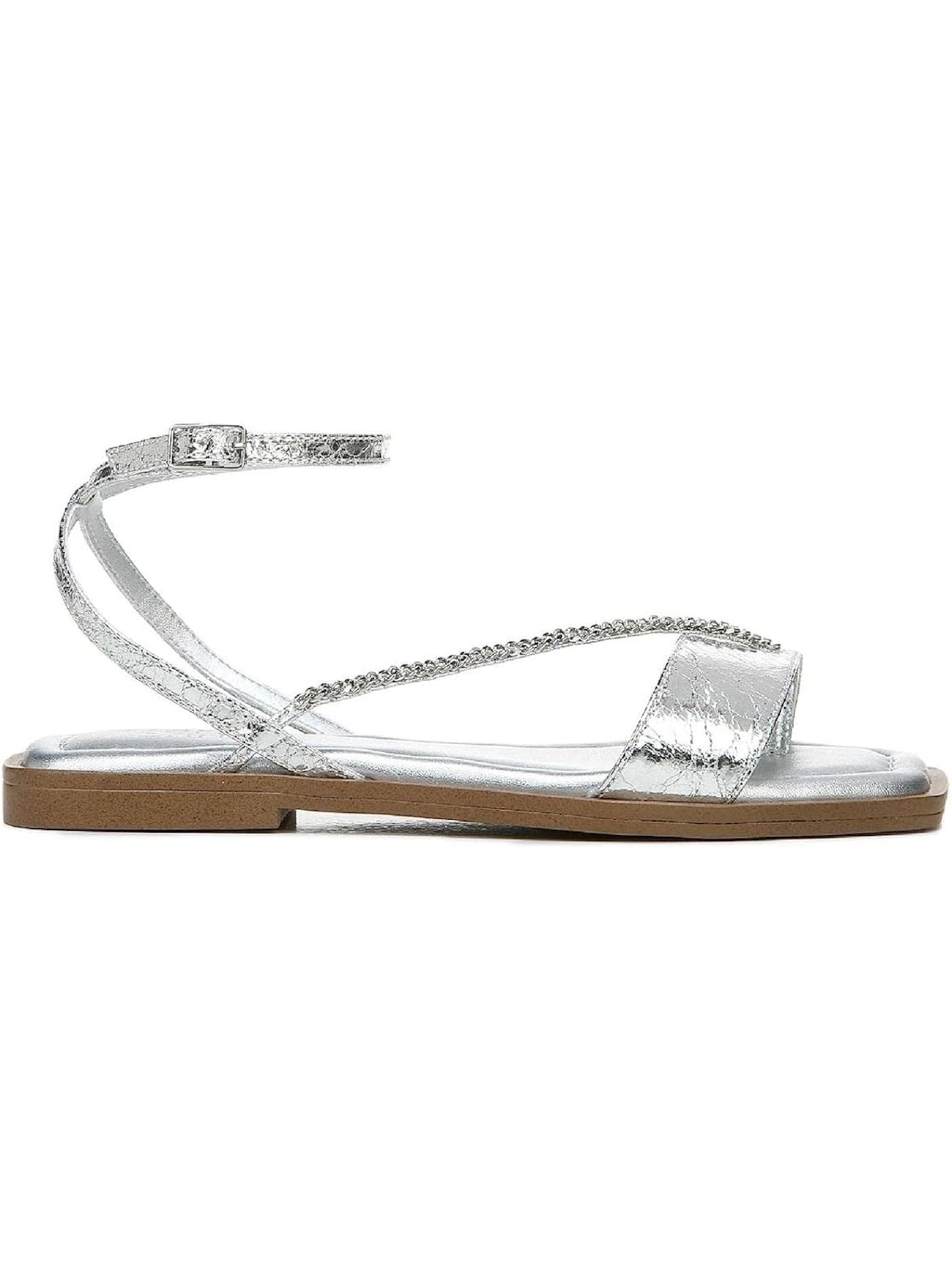 FRANCO SARTO Womens Silver Crinkle Chain Padded Asymmetrical Ankle Strap Mela Square Toe Buckle Thong Sandals Shoes 9.5 M