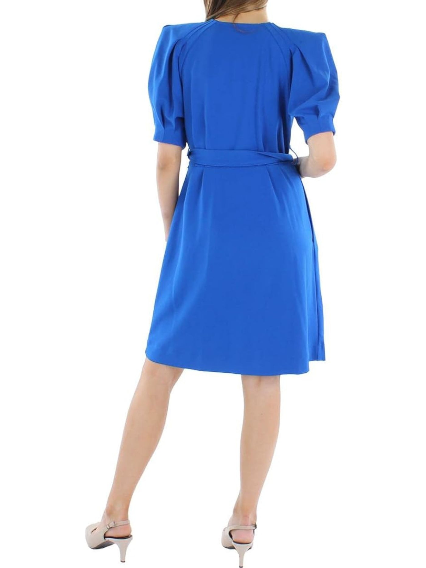 CALVIN KLEIN Womens Blue Tie Pleated Button Up Unlined Shoulder Pads Pouf Sleeve Crew Neck Knee Length Wear To Work Fit + Flare Dress 6