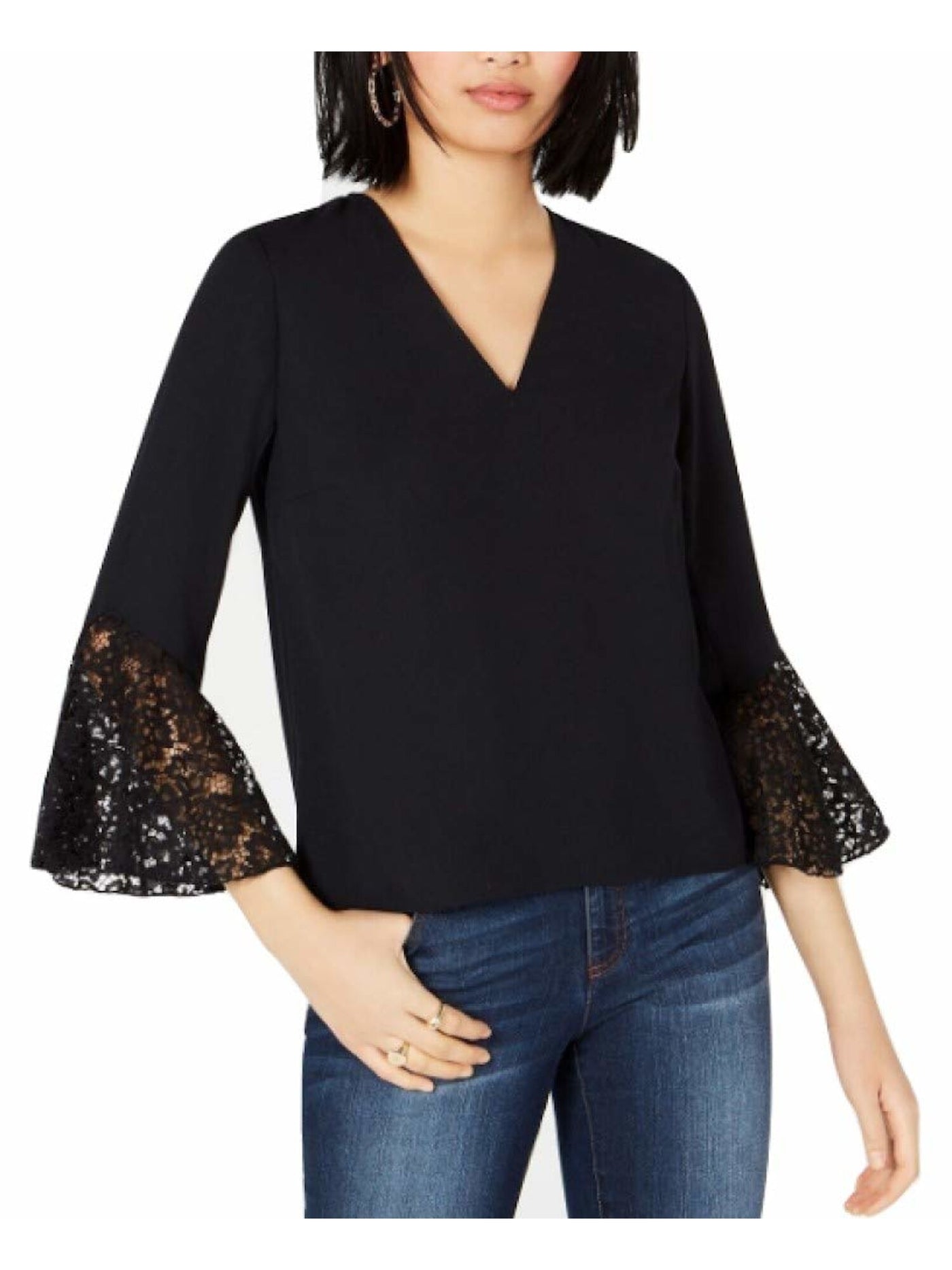 BAR III Womens Black Lace 3/4 Sleeve V Neck Top 2XS