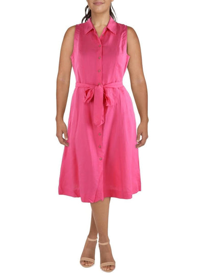 ANNE KLEIN Womens Pink Pocketed Self-tie Belt Sleeveless Point Collar Below The Knee Wear To Work Shirt Dress 6