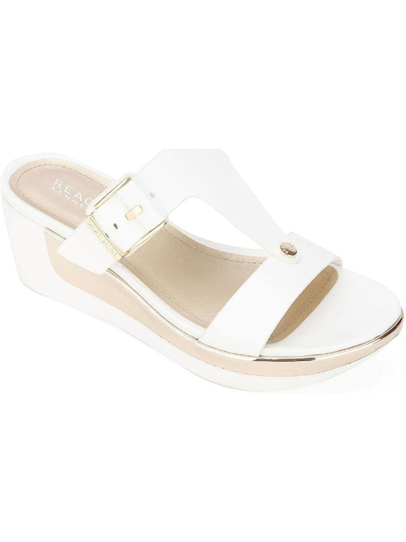 REACTION KENNETH COLE Womens White Buckle Accent 1" Platform Comfort T-Strap Pepea Round Toe Wedge Slip On Sandals Shoes 11