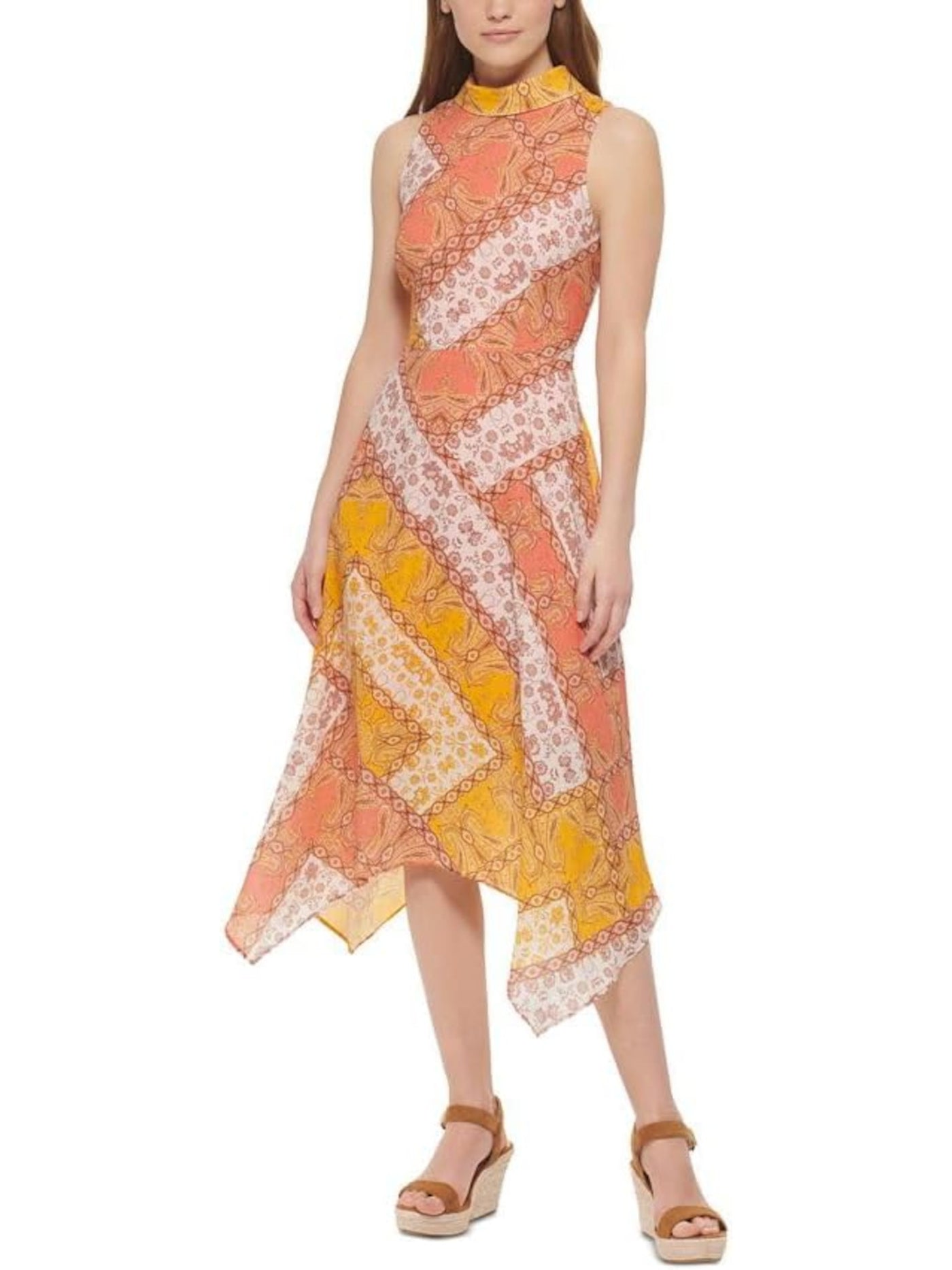 VINCE CAMUTO Womens Orange Zippered Lined Handkerchief Hem Floral Sleeveless Mock Neck Midi Fit + Flare Dress 14