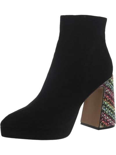 BETSEY JOHNSON Womens Black 1" Platform Rhinestone Padded Raylan Pointed Toe Block Heel Zip-Up Dress Boots 10 M