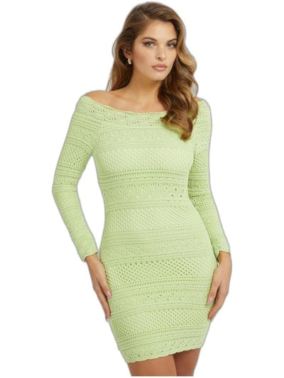 GUESS Womens Green Lined Tie Open Back Long Sleeve Off Shoulder Short Party Sheath Dress S