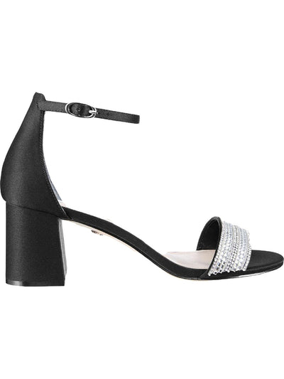 NINA Womens Black Ankle Strap Embellished Elenora Round Toe Block Heel Buckle Leather Dress Sandals Shoes 5 M