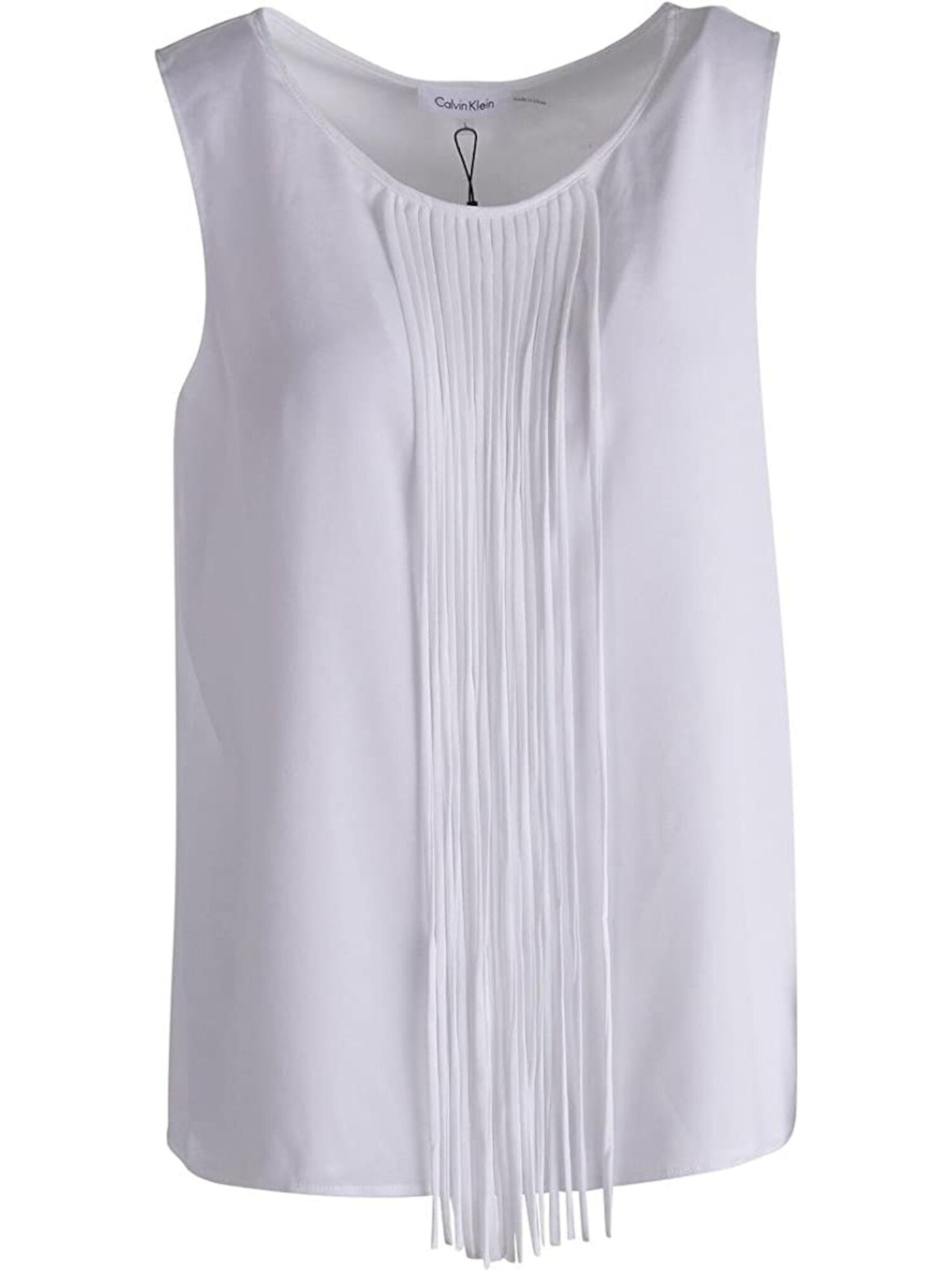 CALVIN KLEIN Womens White Fringed Sleeveless Scoop Neck Top S