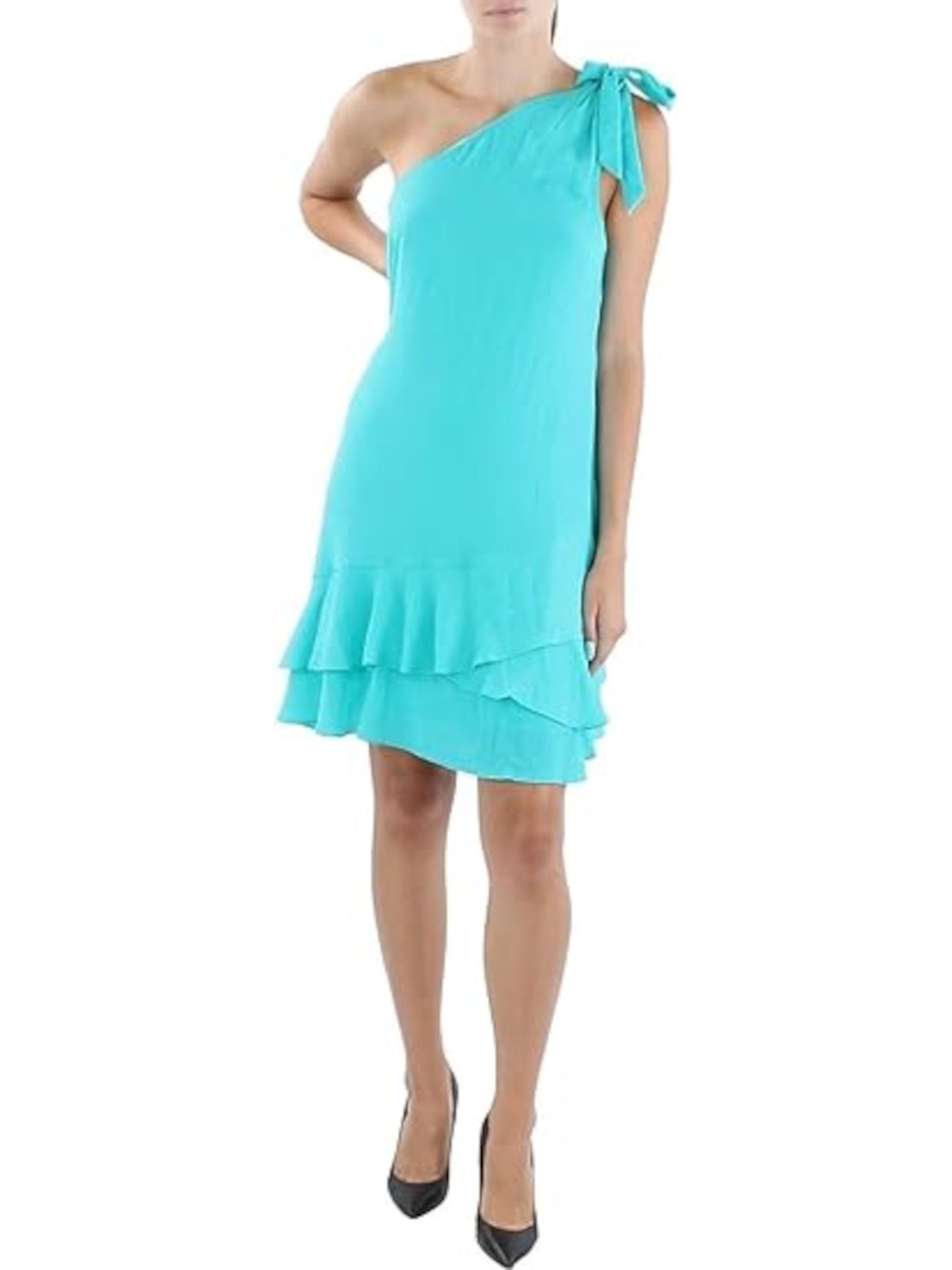 BCBGENERATION Womens Turquoise Textured Zippered Tie Detail Lined Ruffled Lined Sleeveless Asymmetrical Neckline Above The Knee Cocktail Shift Dress 4