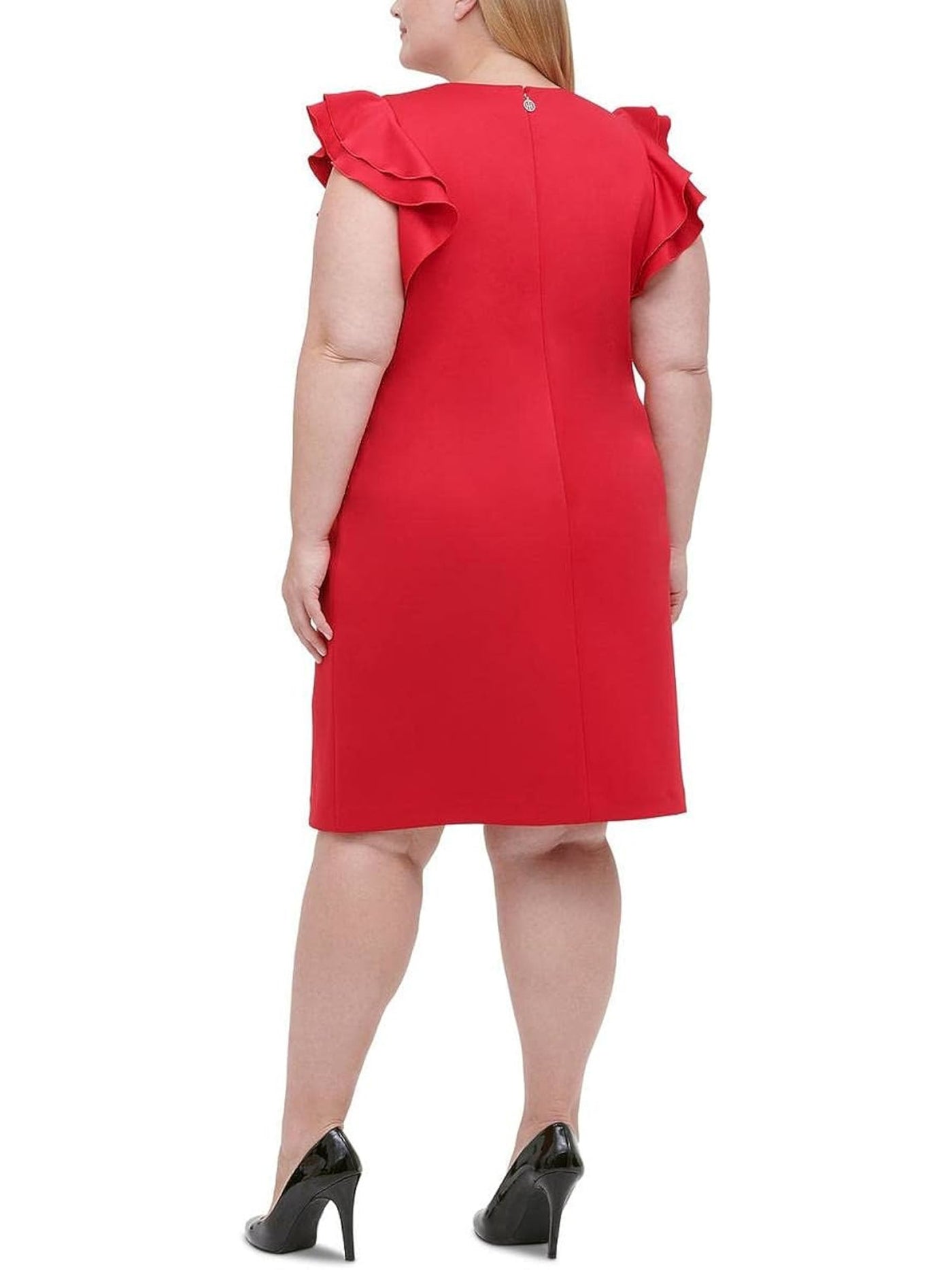 TOMMY HILFIGER Womens Red Ruffled Darted Zippered Cap Sleeve Jewel Neck Knee Length Cocktail Sheath Dress Plus 22W