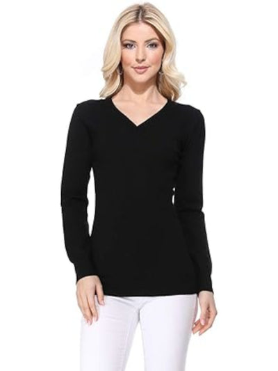 YE MAK Womens Black Long Sleeve V Neck Top S