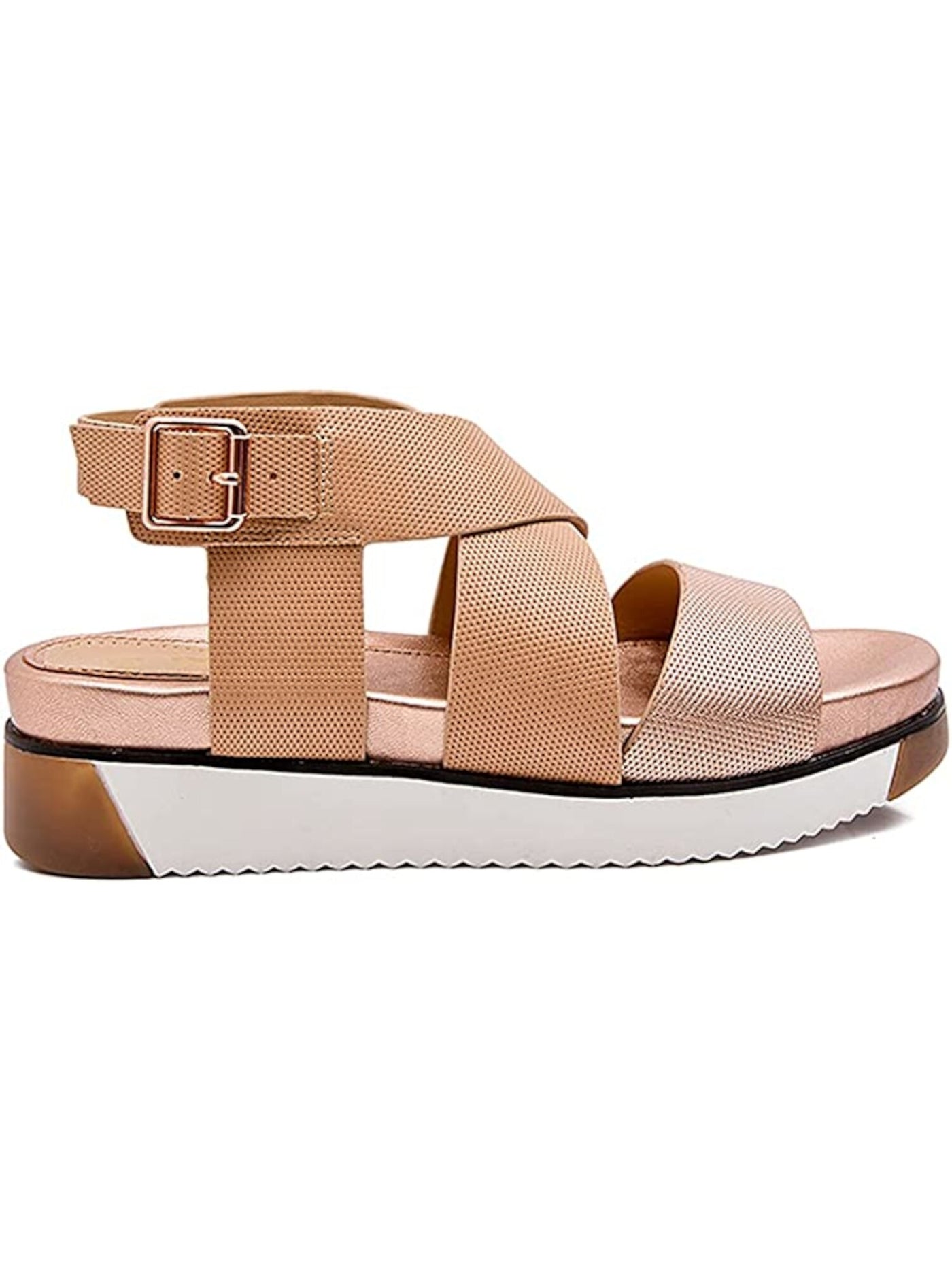JANE AND THE SHOE Womens Gold Woven Texture Rose Gold Adjustable Strap Crisscross Straps Metallic Padded Harper Round Toe Wedge Buckle Slingback Sandal 7.5