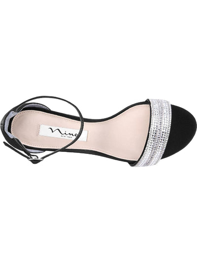 NINA Womens Black Ankle Strap Embellished Elenora Round Toe Block Heel Buckle Leather Dress Sandals Shoes M