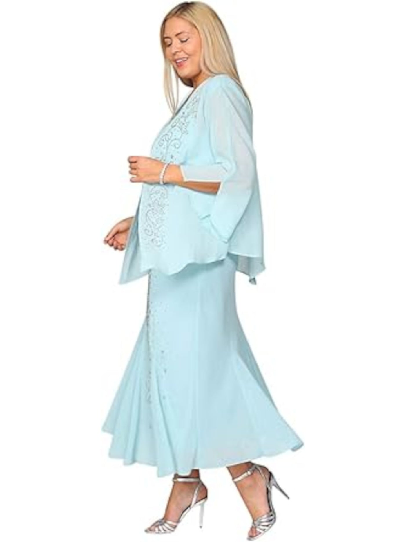 R&M RICHARDS Womens Aqua Stretch Beaded Lined Open Front 3/4 Sleeve Jacket Sleeveless V Neck Midi Party Fit + Flare Dress 8