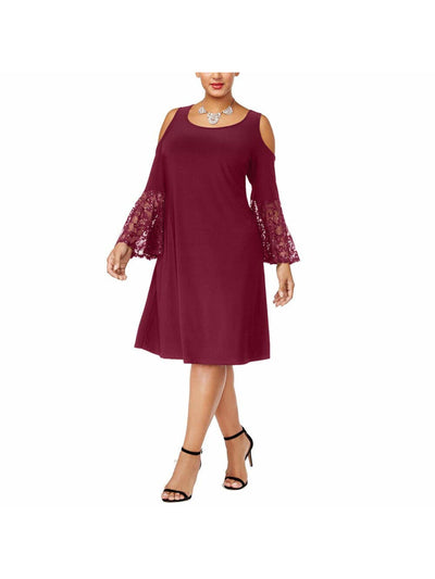 R&M RICHARDS Womens Maroon Lace Cut Out Bell Sleeve Scoop Neck Knee Length Fit + Flare Dress Plus 20W