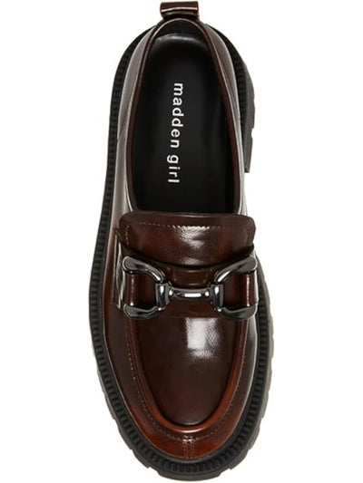 MADDEN GIRL Womens Brown 1" Platform Bit Buckle Hardware Back Pull-Tab Lug Sole Padded Ashlee Round Toe Block Heel Slip On Loafers Shoes 9.5 M