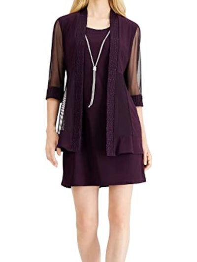 R&M RICHARDS Womens Purple Stretch Textured Glitter 3/4 Sleeve Open Front Wear To Work Blazer Jacket Petites 10P