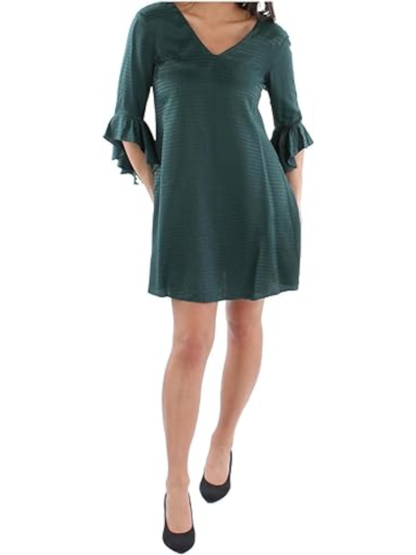 CALVIN KLEIN Womens Green Ruffled Unlined Keyhole Back Houndstooth Bell Sleeve V Neck Short Shift Dress 2