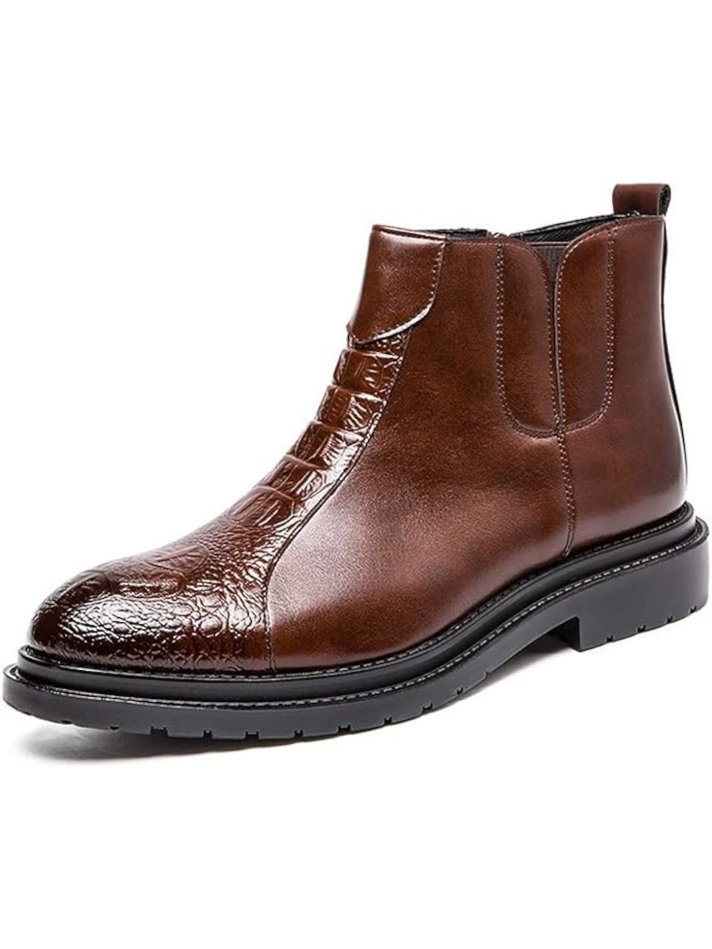 BOBBI&BRICKA Mens Brown Crocodile Removable Insole Comfort Round Toe Block Heel Zip-Up Boots Shoes 45