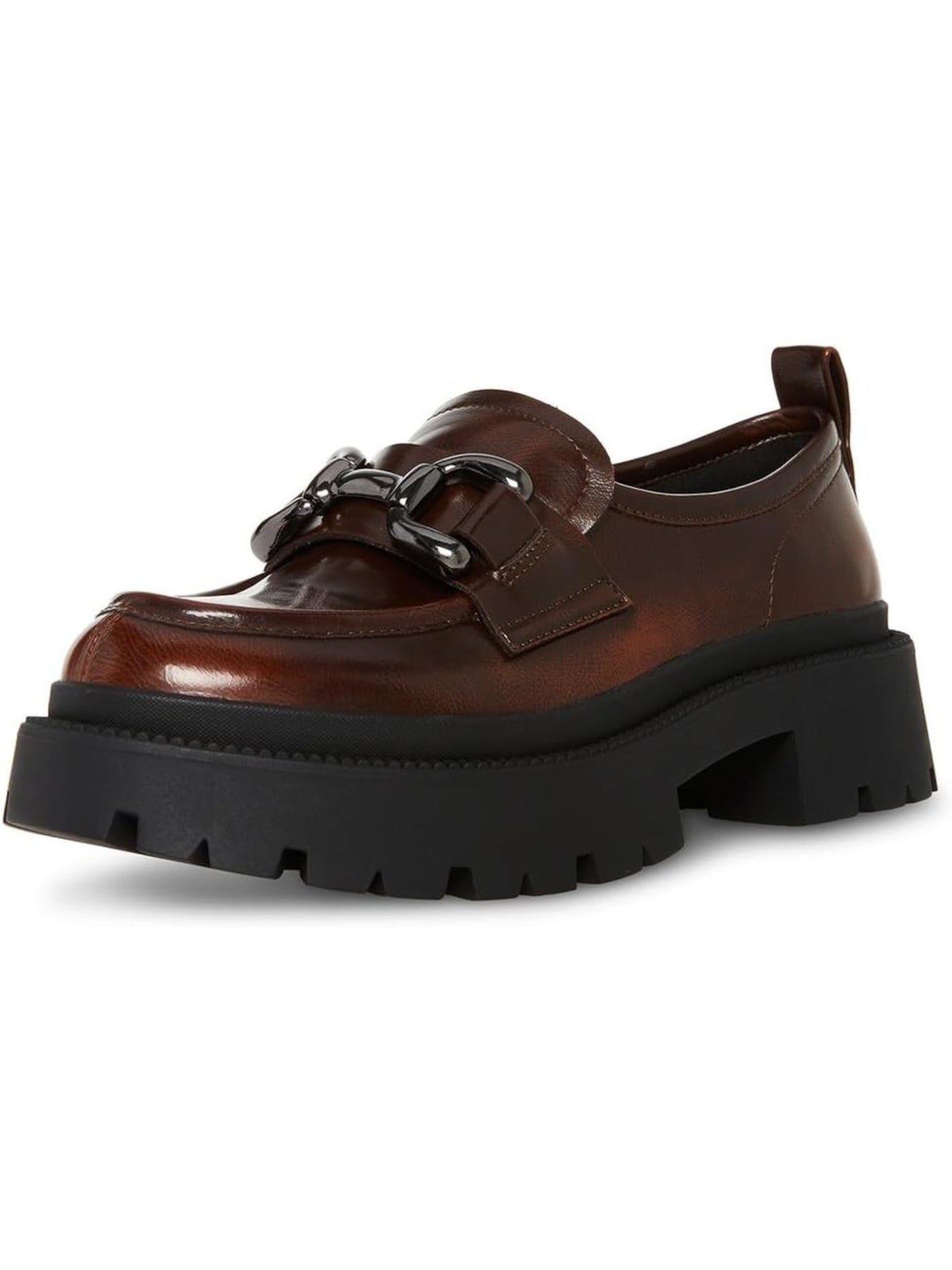MADDEN GIRL Womens Brown 1" Platform Bit Buckle Hardware Back Pull-Tab Lug Sole Padded Ashlee Round Toe Block Heel Slip On Loafers Shoes 9.5 M