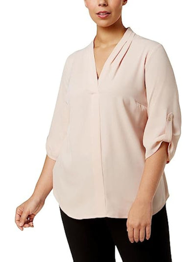 CALVIN KLEIN Womens Pink Pleated Lined Curved Hem Roll-tab Sleeve V Neck Blouse Plus 0X