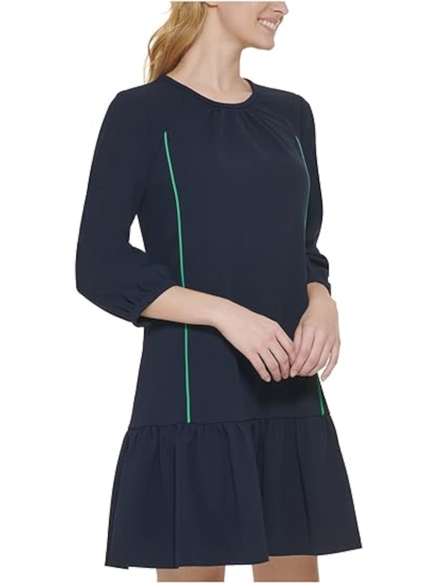 TOMMY HILFIGER Womens Navy Zippered Ruffled Unlined Gathered 3/4 Sleeve Round Neck Above The Knee Wear To Work Fit + Flare Dress 10
