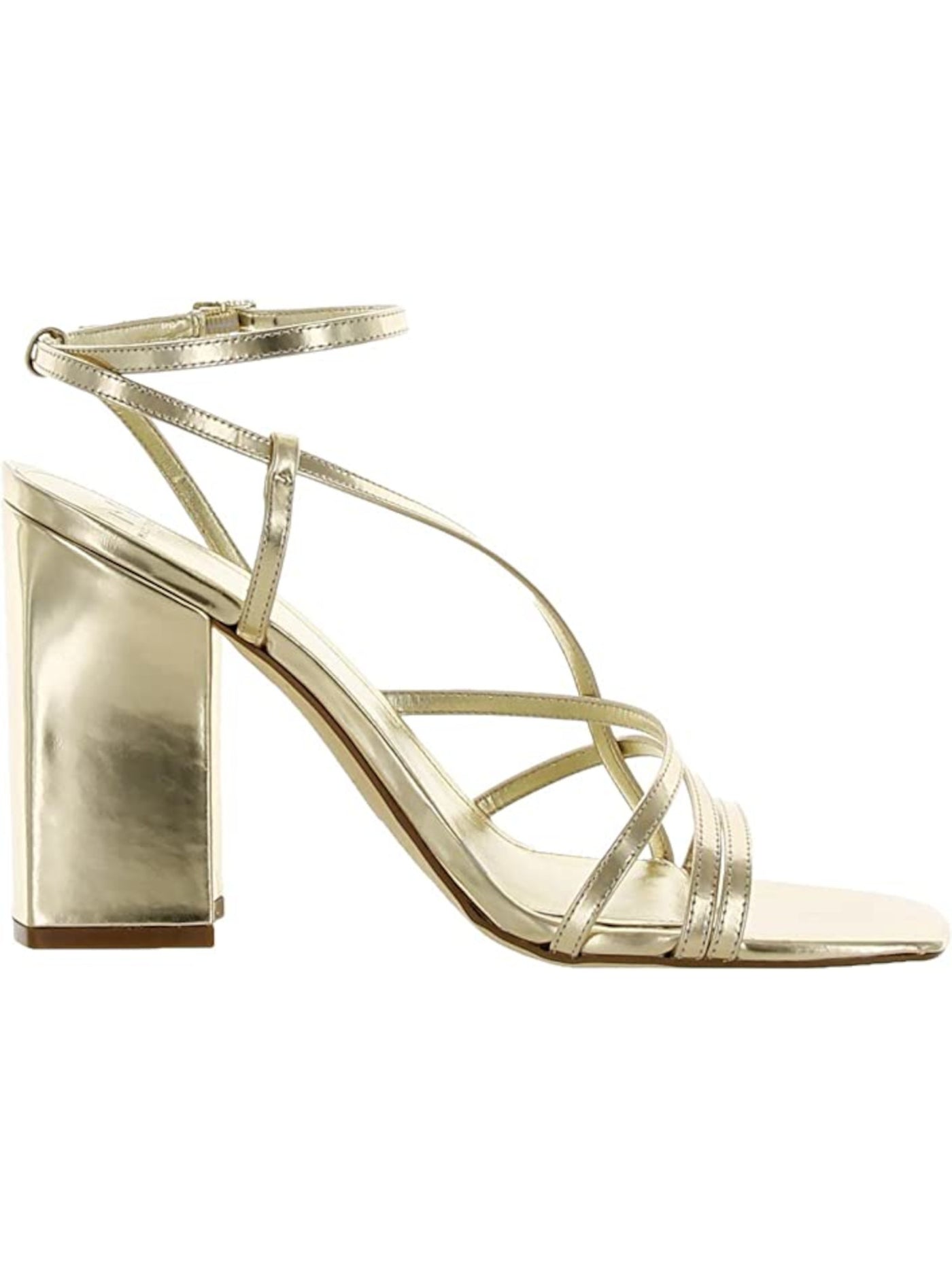 MARC FISHER Womens Gold Padded Ankle Strap Edalyn Square Toe Block Heel Buckle Leather Dress Heeled Sandal 6.5 M