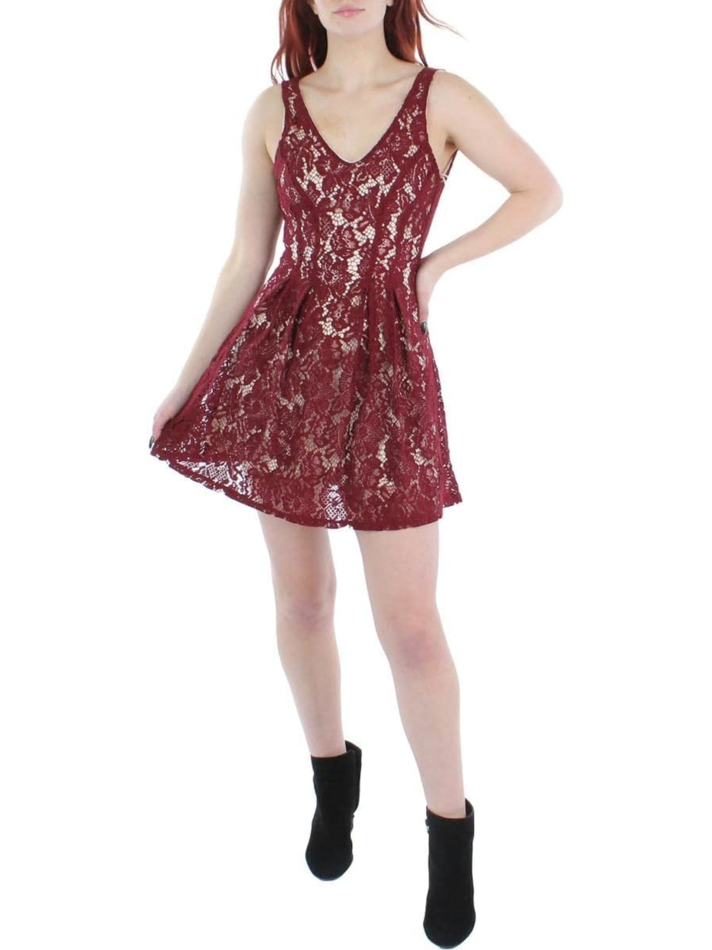 CITY STUDIO Womens Burgundy Zippered Lined Sleeveless V Neck Mini Party Fit + Flare Dress Juniors 11