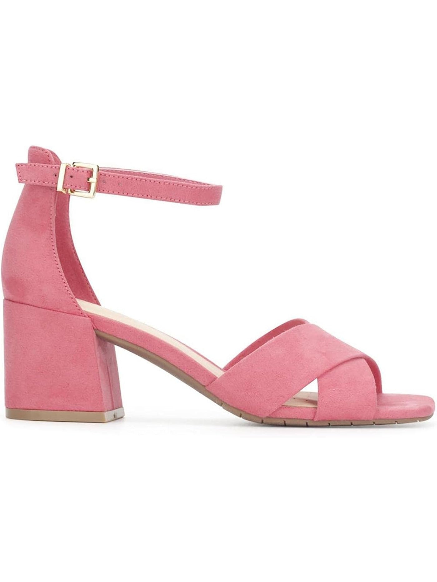 REACTION KENNETH COLE Womens Pink Ankle Strap Padded Mix X-band Square Toe Block Heel Buckle Dress Heeled Sandal 7 M