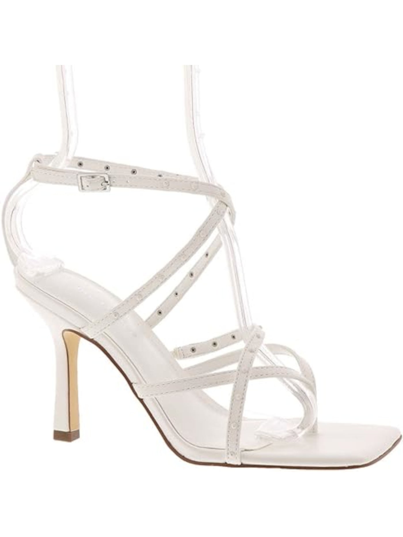 MARC FISHER Womens White Strappy Padded Adjustable Studded Bossi Square Toe Stiletto Buckle Heeled Thong Sandals 8 M