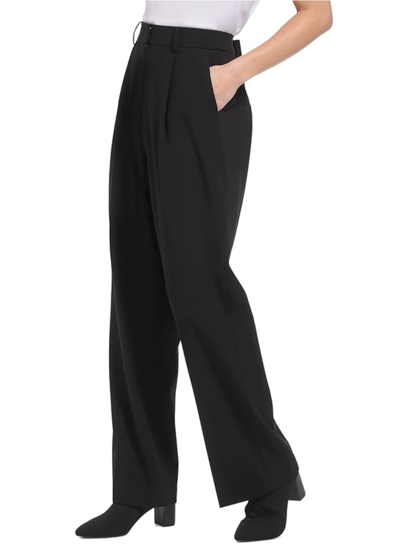 CALVIN KLEIN Womens Black Zippered Pocketed Wide Leg Pleated Wear To Work High Waist Pants 10