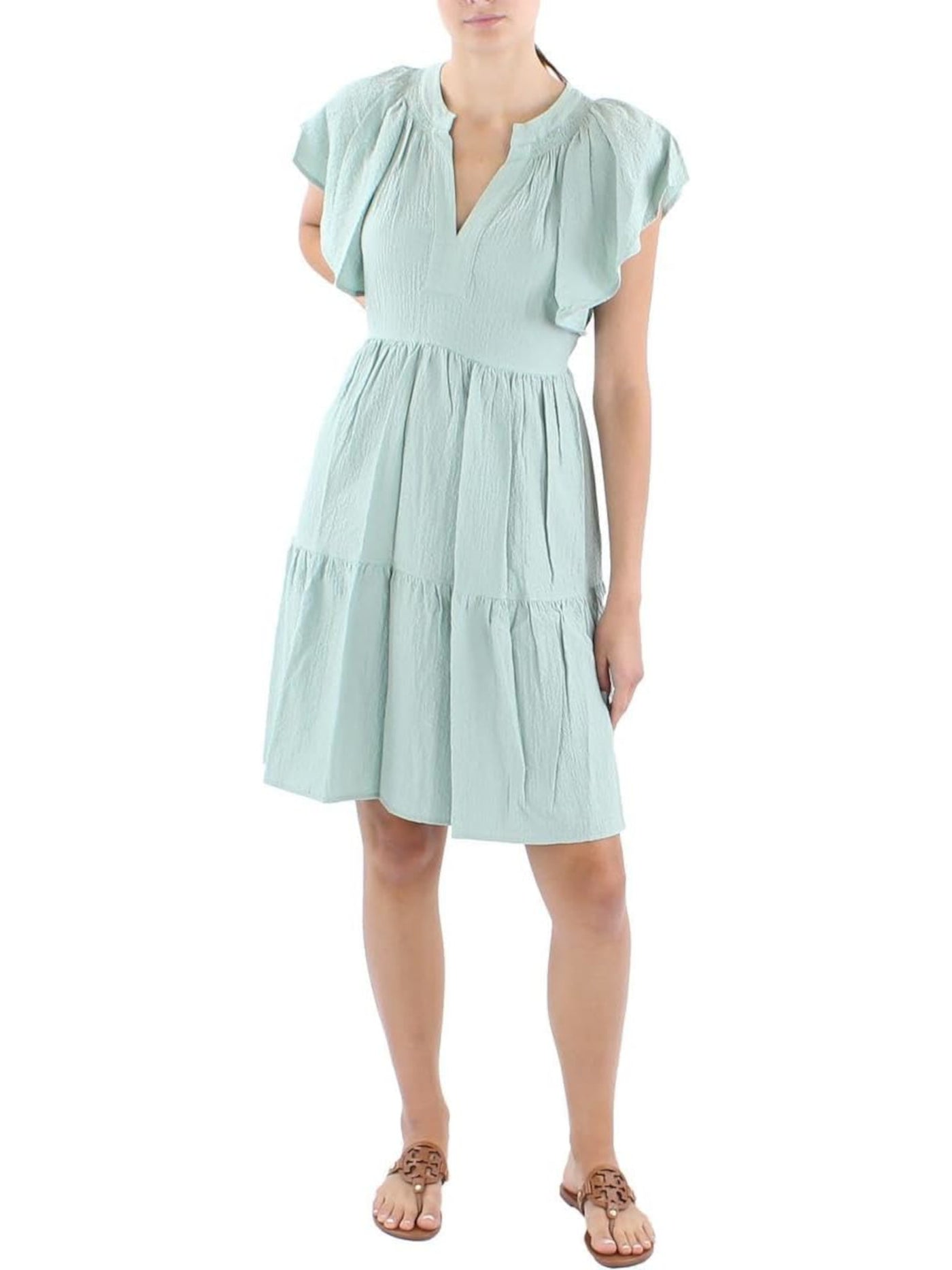 CALVIN KLEIN Womens Green Smocked Unlined Pullover Tie Gathered Tiered Flutter Sleeve V Neck Above The Knee Fit + Flare Dress 8