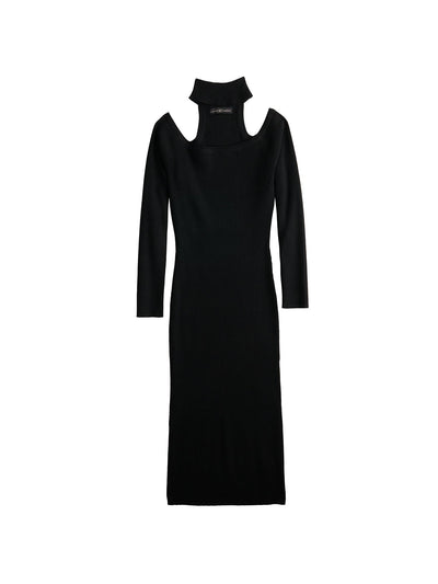 ALMOST FAMOUS Womens Black Cold Shoulder Ribbed Long Sleeve Mock Neck Knee Length Party Body Con Dress L