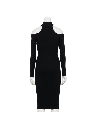 ALMOST FAMOUS Womens Black Cold Shoulder Ribbed Long Sleeve Mock Neck Knee Length Party Body Con Dress S