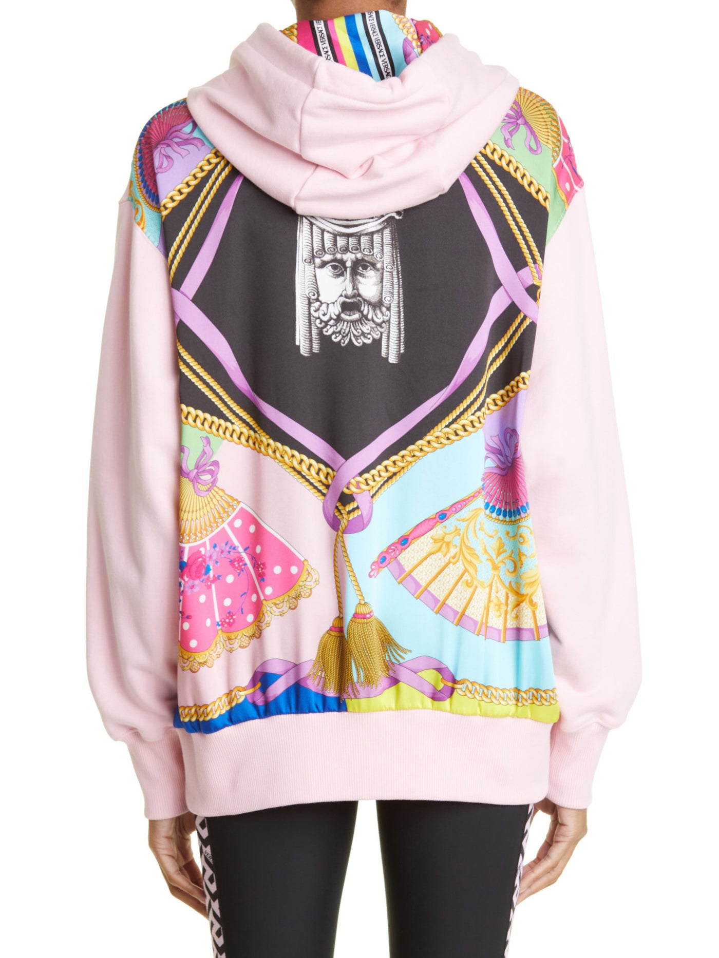 VERSACE Womens Pink Pocketed Drawstring Ribbed Cuffs And Hem Logo Graphic Long Sleeve Hoodie Top 44