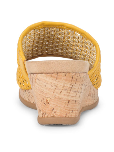 BARETRAPS Womens Yellow 1" Cork-Covered Platform Padded Woven Goring Flossey Open Toe Wedge Slip On Heeled Sandal 10 M