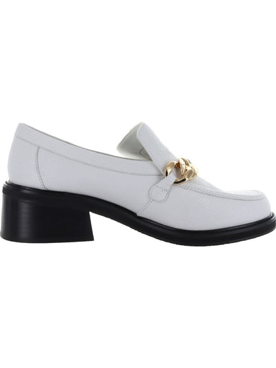 AQUA Womens White Lizard Embossed Chain Comfort Lena Round Toe Block Heel Slip On Leather Heeled Loafers 5