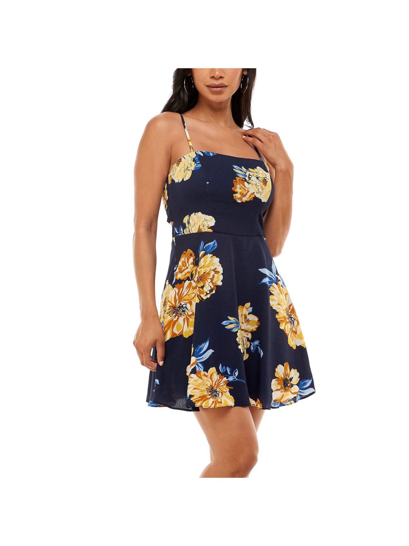 B DARLIN Womens Navy Stretch Zippered Darted Tie-back Floral Spaghetti Strap Square Neck Mini Party Fit + Flare Dress Juniors 3\4