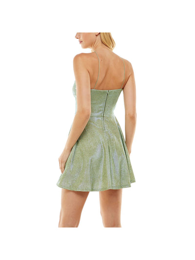 B DARLIN Womens Green Zippered Glitter Textured Skater Lined Sleeveless Halter Mini Party Fit + Flare Dress Juniors 5\6