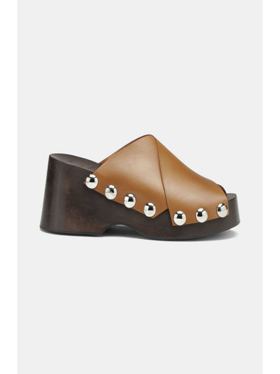 GANNI Womens Brown 1-1/2" Wood-Grain Platform Studded Round Toe Wedge Slip On Leather Slide Sandals Shoes 36