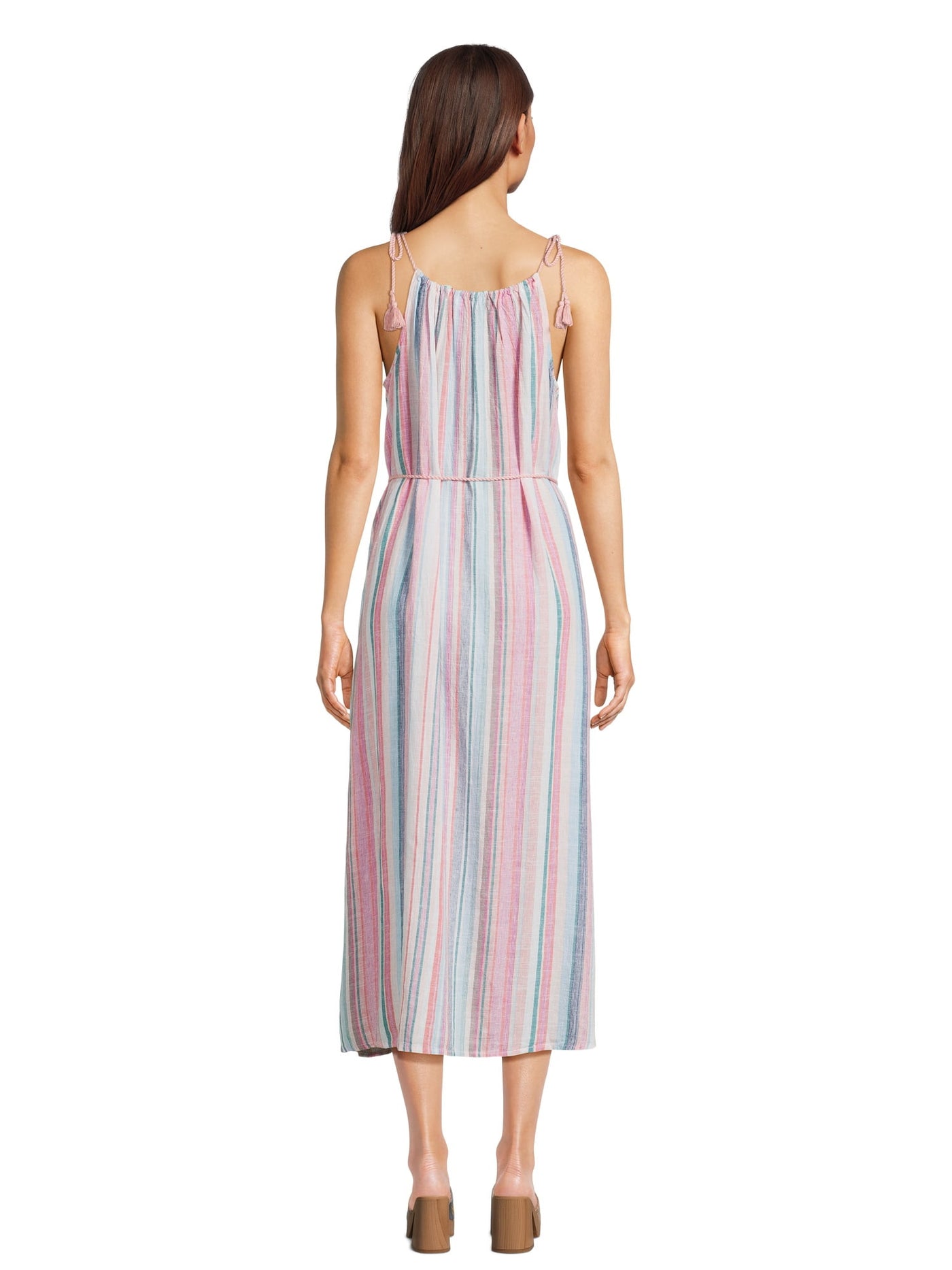 TIME AND TRUE Womens Coral Unlined Tie Shoulders And Belt Striped Sleeveless Scoop Neck Midi Shift Dress XS